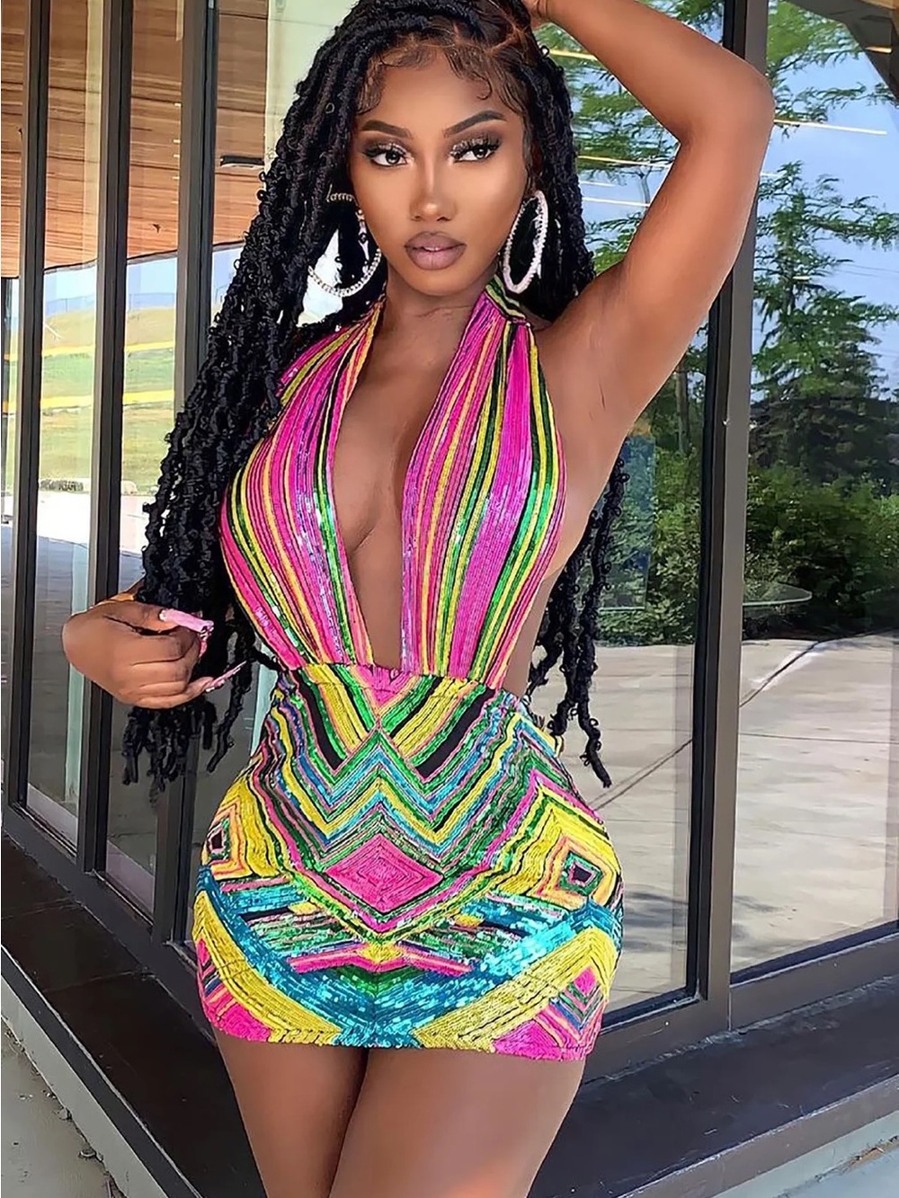 Fashion Nova Neon Geo Sequin Halter Mini Dress - Pink, Green, Yellow, Blue - Picture 2 of 6